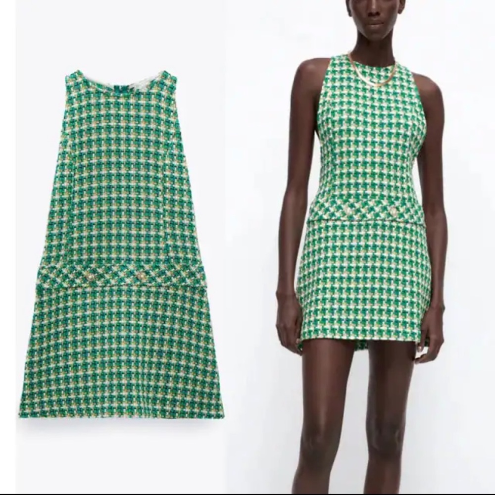 Indefeir Green Tweed Textured Pinafore Mini Dress S